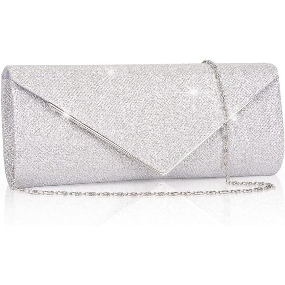 🆕Women Silver Clutch Purses Sparkling Envelope Evening Bag Detachable Chain - Picture 1 of 8